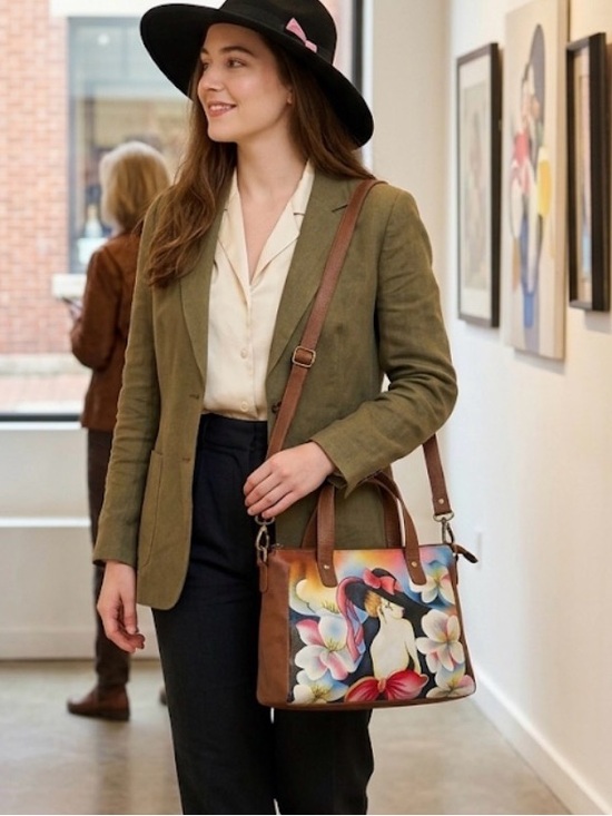 sukriti Handbags - Sukriti Leather Painted elegant lady with hat Crossbody Bag with removable strap